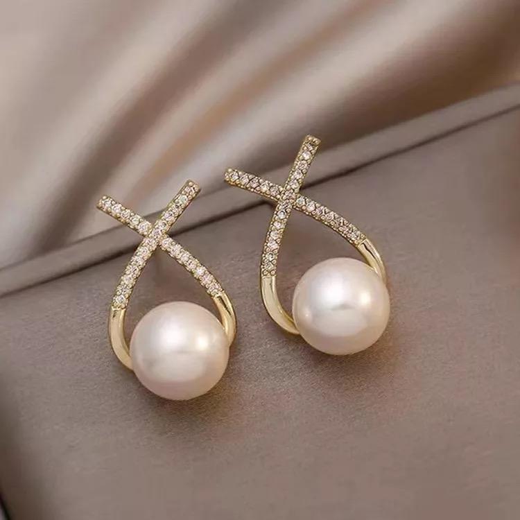 AVR JEWELS Korean Studded Cross Pearl Stud Earrings For Women And Girls 2 Pcs/Set