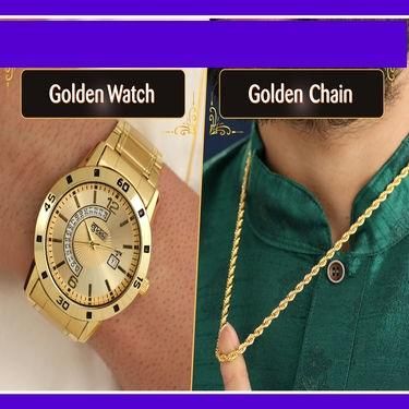 Golden Watch With Golden Chain Combo